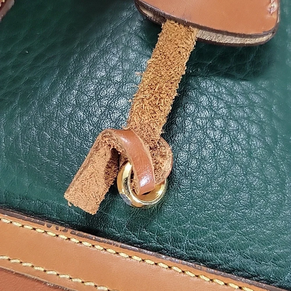 Vintage Dooney & Bourke Green Pebbled Leather Satchel with Tan Trim and Handles